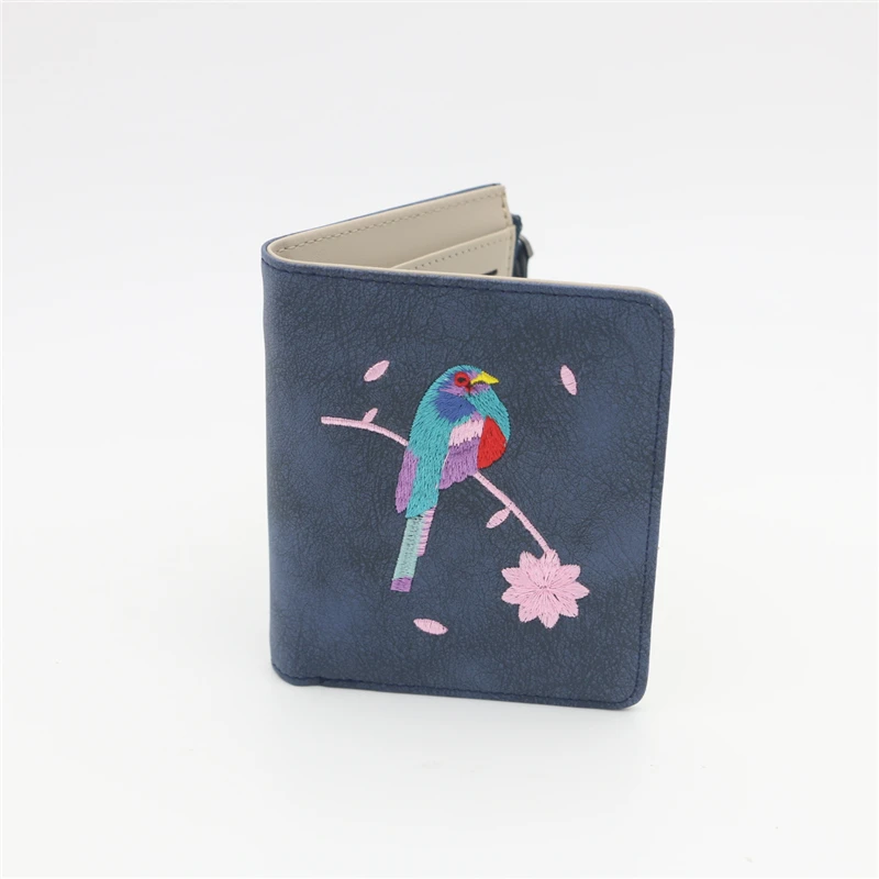 Женский кошелек с вышивкой птицы Portefeuille Femme на молнии, короткий кошелек, кожаный держатель для карт, зеленый, синий, розовый, черный, женские кошельки