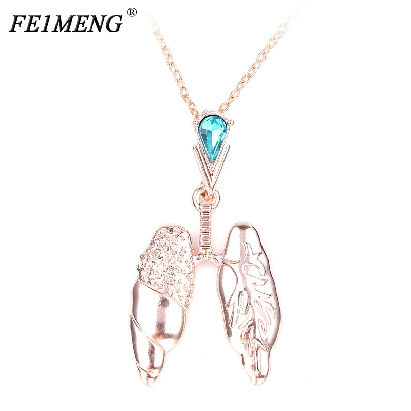 

Rose Color Lungs Necklace With Blue Crystal Pendant Chemistry Jewelry Biology Pendant Necklace for Doctor Nurse Medical Gift