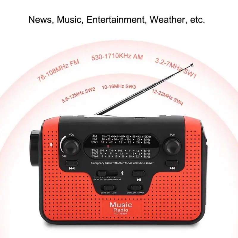 

Vbestlife FM Radio FM/AM/SW Solar Hand Crank Radio TF Music Bluetooth Hands-free Call Solar FM Radio