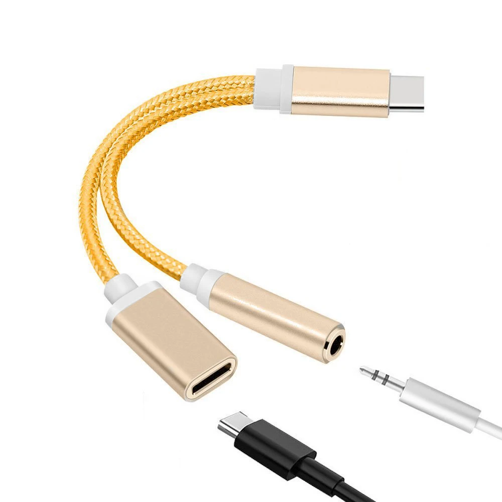 Type-C до 3,5 мм зарядное устройство для наушников кабель-адаптер 2 в 1 usb type C до 3,5 AUX аудио разъем Адаптер зарядного устройства - Цвет: Gold