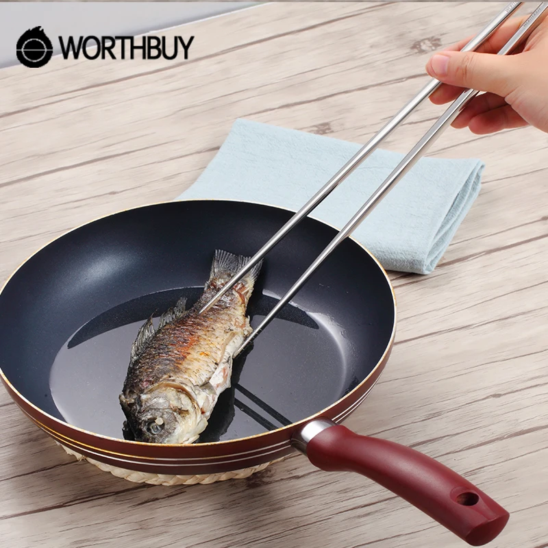 

WORTHBUY Chinese Long Handle Chopsticks 304 Stainless Steel Chopsticks For Frying Kitchen Reusable Non-slip Food Sticks Hashi