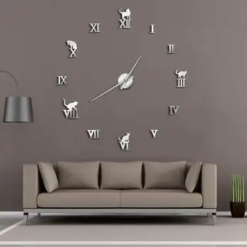 

3D Large Wall Clock DIY Large Modern Frameless Home Decor Cat Big Clock Mirror For Bedroom Living Room Kittens Kitty Wall Decor