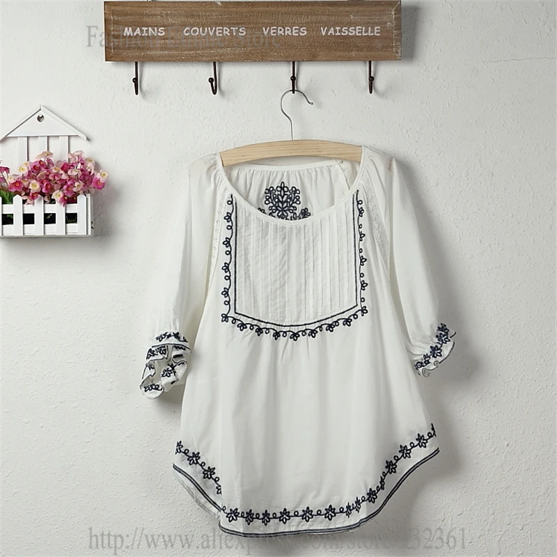 Vintage Mexican Floral Embroidery 100 Cotton Women Blouses Summer