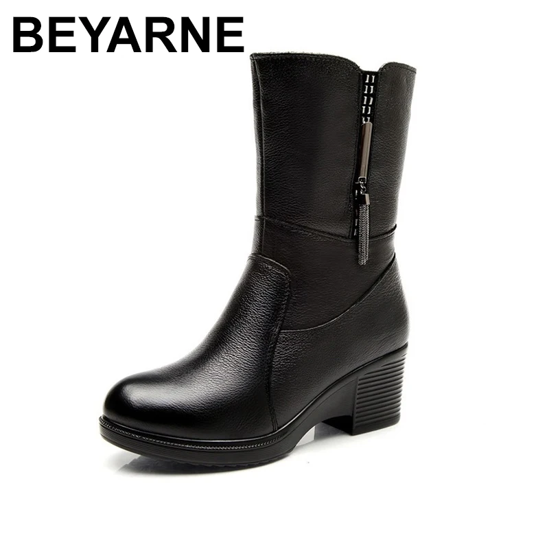 

BEYARNE Genuine Leather Wedge High Heel Women Snow Boots Mid Calf Winter Plush Warm Boots Women Waterproof Boots Shoes