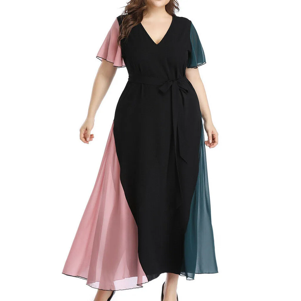

Women's Summer Patchwork Large Size Chiffon V-neck Lace Short-sleeved Dress Casual Dress Woman Summer Dresses Long Casual 7.16