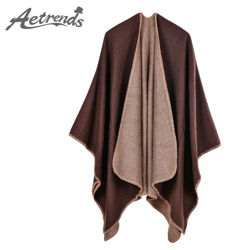 

[AETRENDS] 6 Solid Color Thick Cashmere Feel Winter Poncho Women Scarf Warm Open Up Pashmina Cape Z-5477