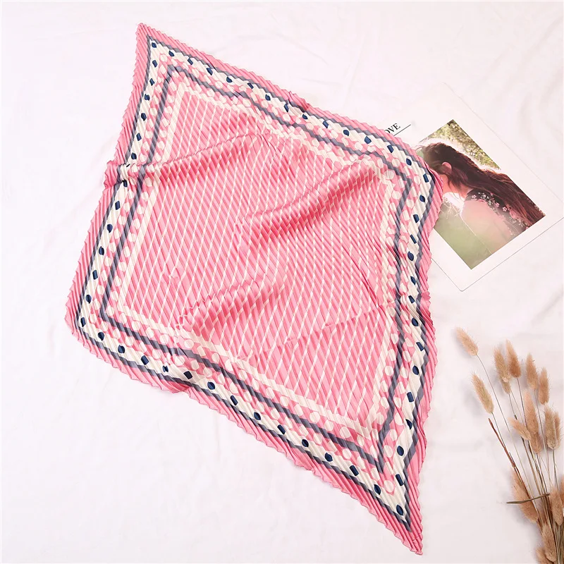 

2019 New Women's Small Silk Square Scarf Crinkle Hair Scarfs for Ladies Pleated Scarves Striped Female Bandana Foulard 100*30CM