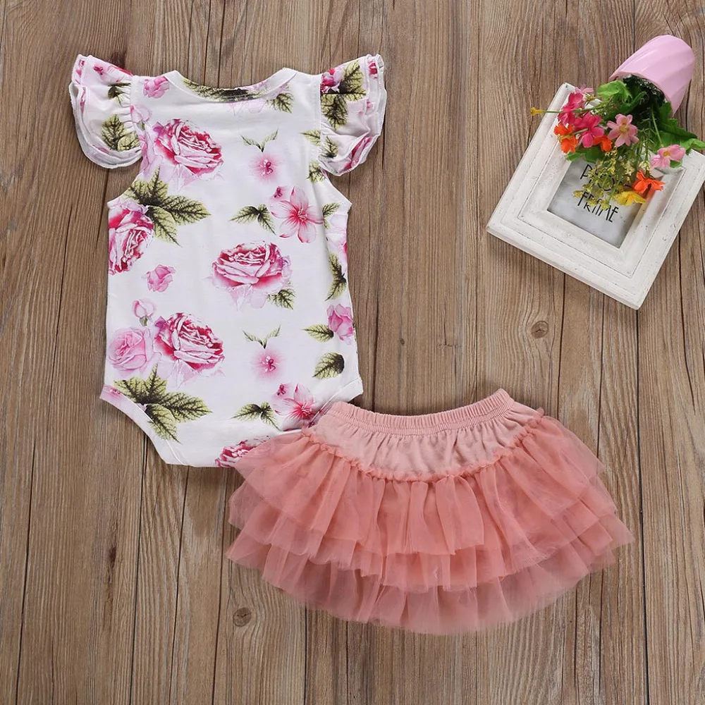 

Ruffle Short Sleeve Newborn Infant Kids Baby Girl Floral Bodysuit Jumpsuit+Lace Modis Tulle Shorts Skirt Outfits Girls Clothes