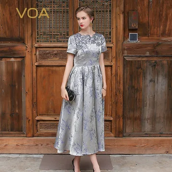 

VOA Silver Grey Silk Maxi Dress Women Luxury Embroidery Elegant Vintage Big Pendulum Ladies Long Dresses Chinese Style AJX00101