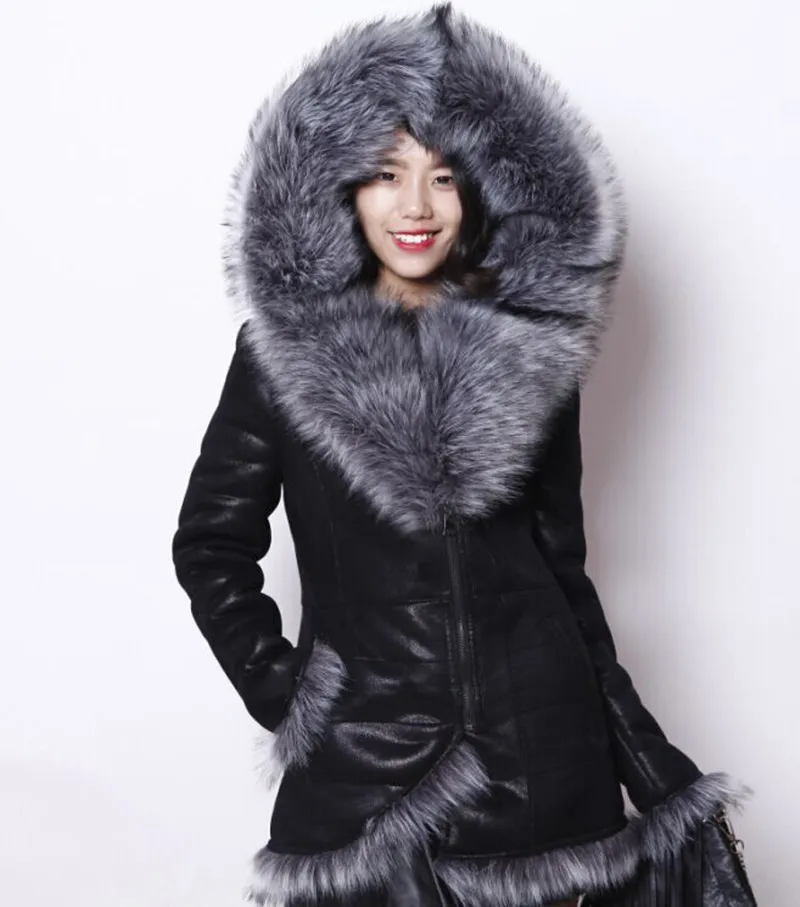 Womens Jacket Hooded Suede Fur Coats Short Winter Leather Coat Faux Fox ...