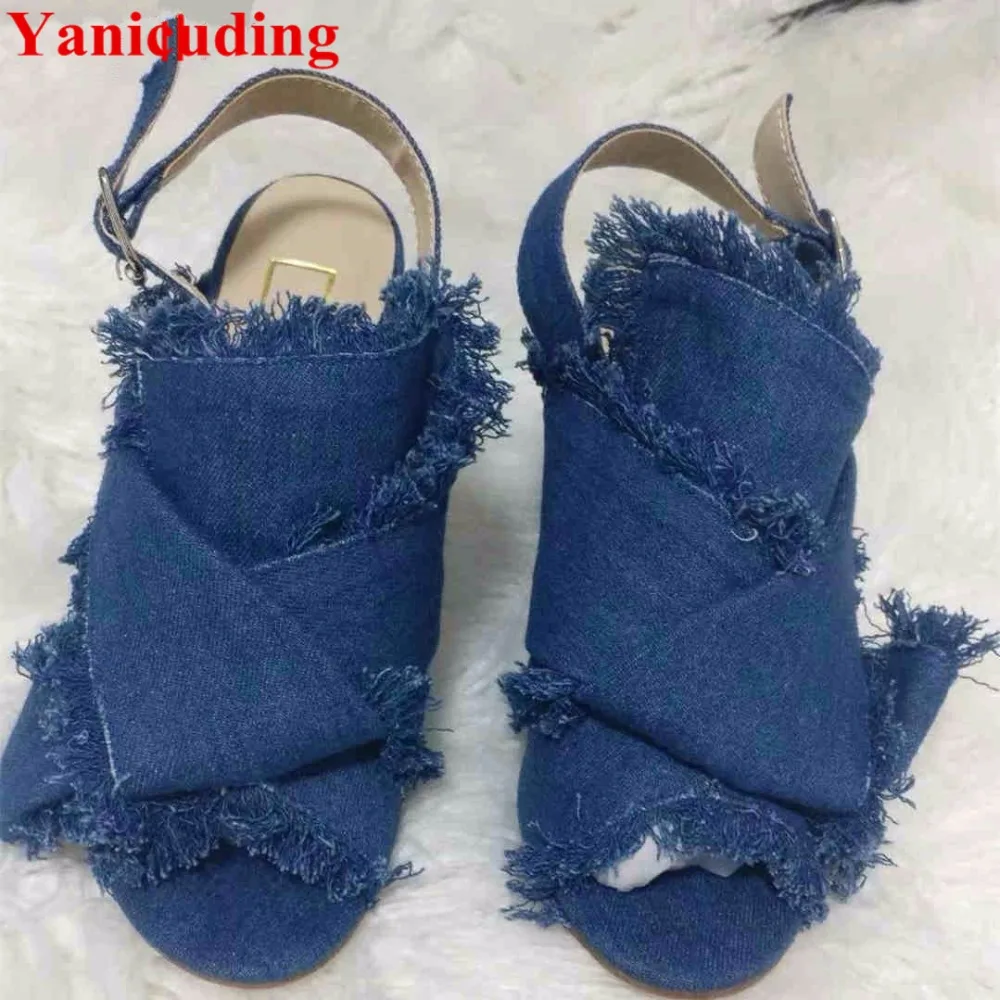 

Denim Fringe Decor Peep Toe Women Sandals Thick High Heel Lady Shoes Bow Tie Embellish Street Style Mujer Sandalia Chaussures