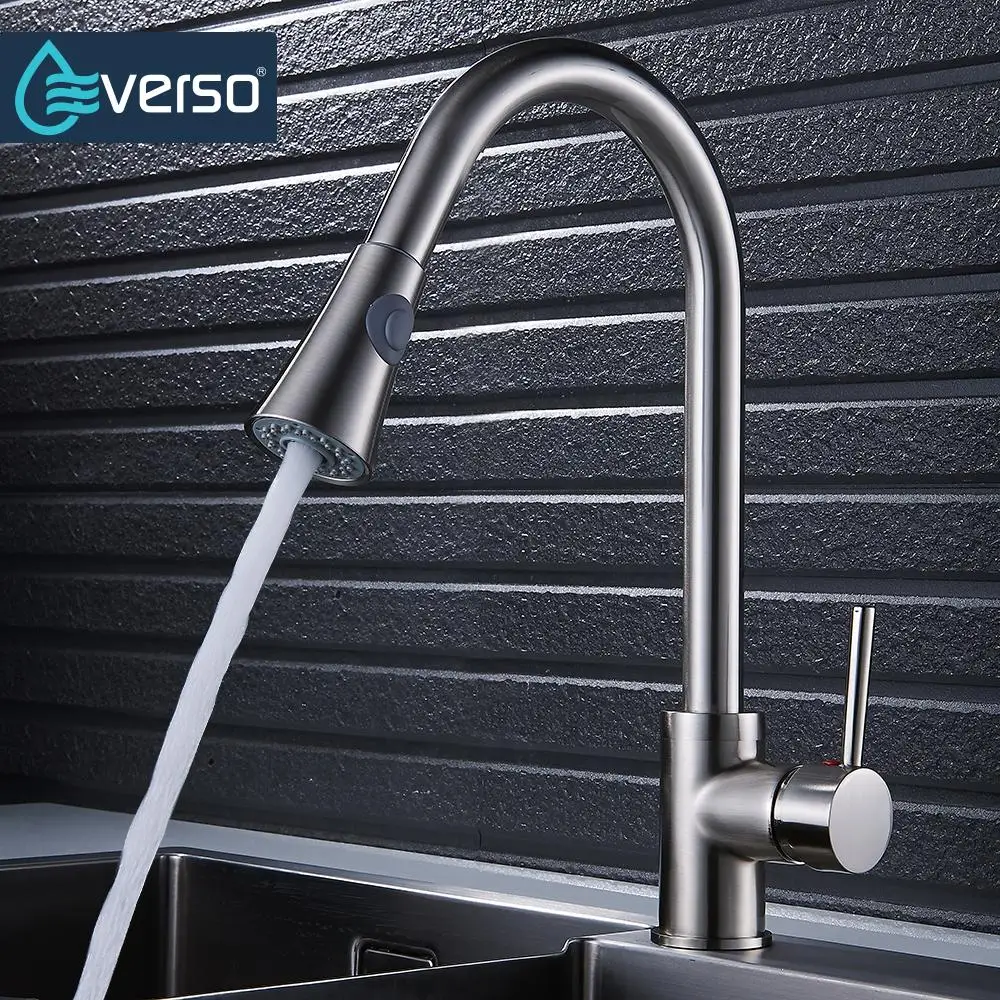 

EVERSO Brushed Kitchen Faucets Silver Single Handle Pull Out Kitchen Tap Single Handle 360 Rotate Swivel Sink Mixer Tap