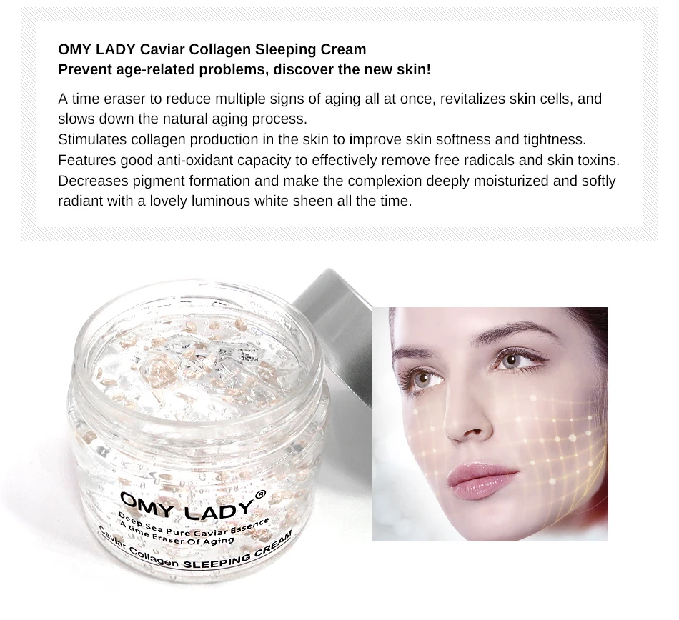 OMYLADY Caviar Collagen Sleep Cream Anti-Wrinkle Anti-Aging Facial Cream Hyaluronic Acid Moisturizing Smoothing Skin Night Cream