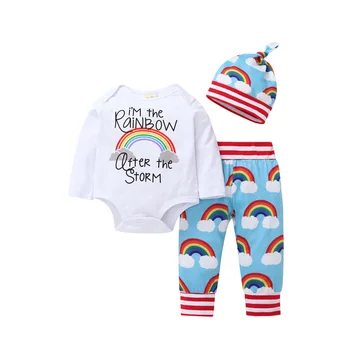 

2019 New Children Suit Infant Baby Spring Autumn Clothing Hat+long Sleeve Bodysuit+pants Suit Boys Cartoon Rainbow Style Pajamas