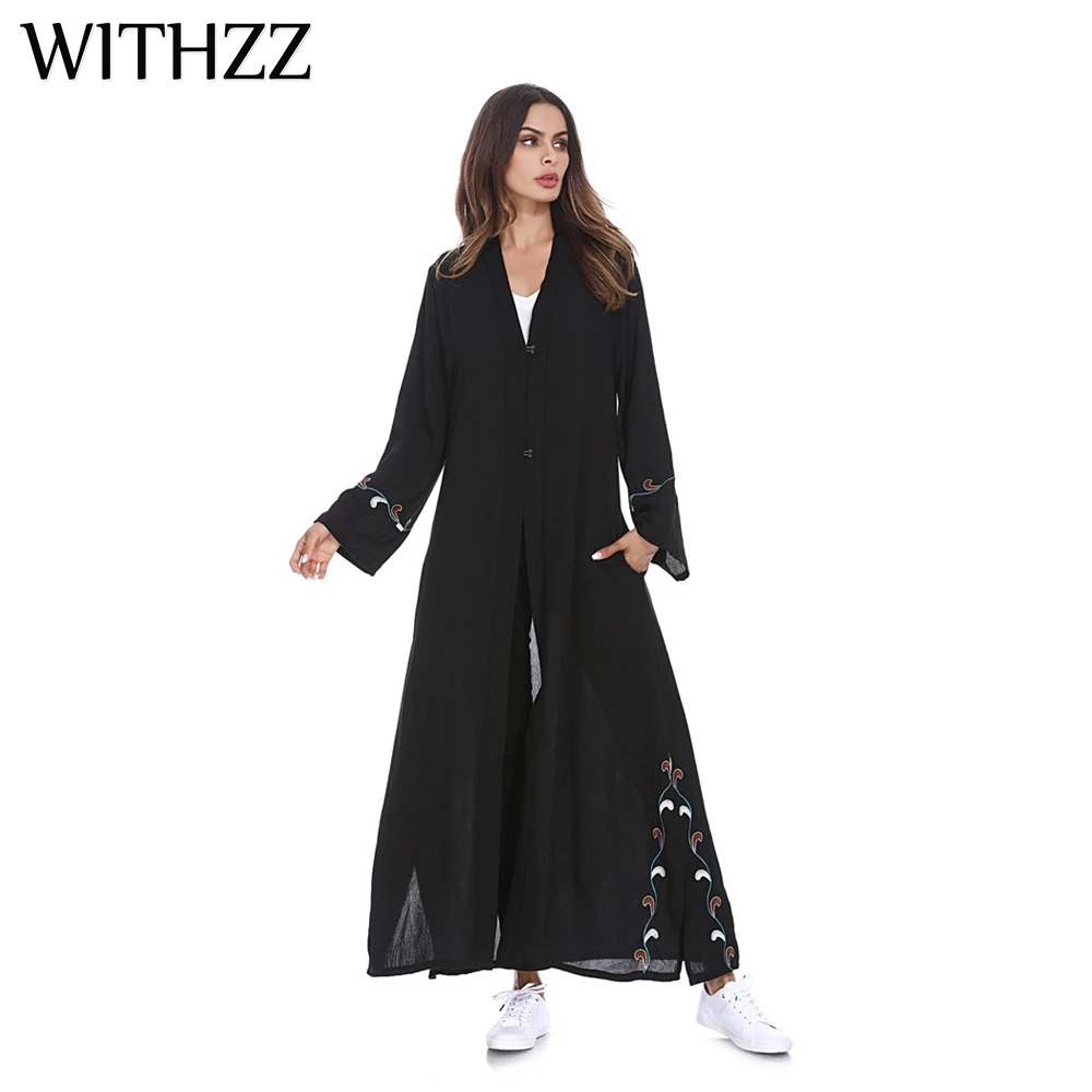 

WITHZZ Women's Arabian Turkey Middle Eastern Fashion Simple Wild Cardigan Embroidered Robe Windbreaker Feminine Trench Coat