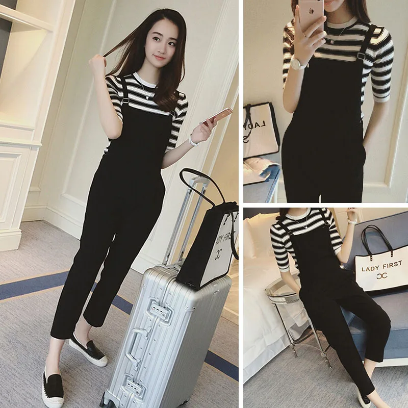 

2019 Korean summer short-sleeved women's sets loose Two-piece set stripe T-shirt tops female +strap jumpsuit woman Plus size