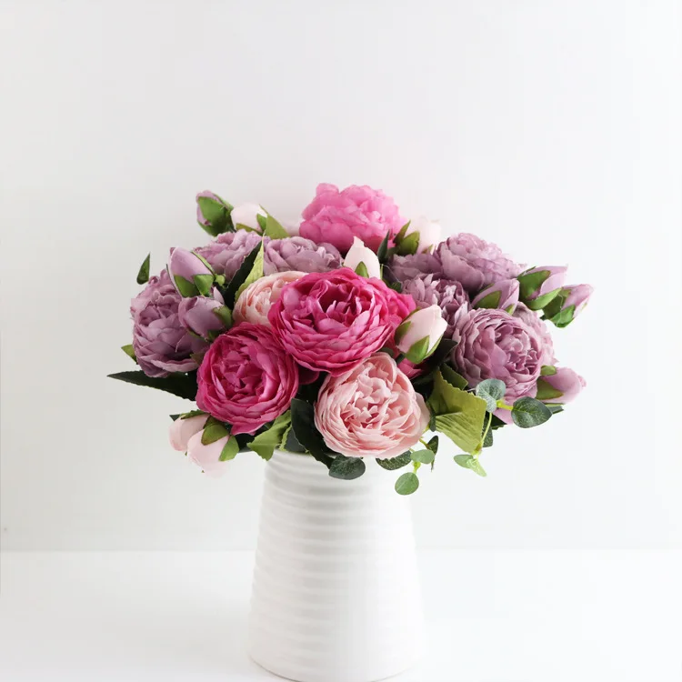 1 пачка розовый Искусственный Пион из шелка Букет цветов 5 с большой головой и 4 бутона искусственные цветы для дома Свадебные украшения в помещении