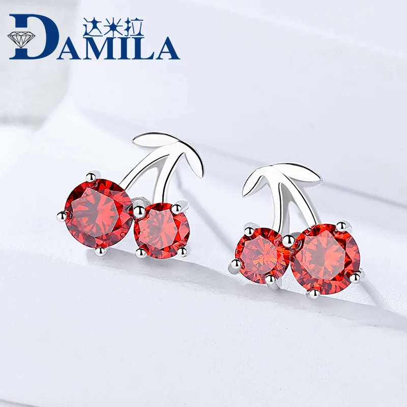 

Red cherry earrings silver 925 with Cubic Zironia stone Flower earrings for women S925 sterling silver jewelry accessories