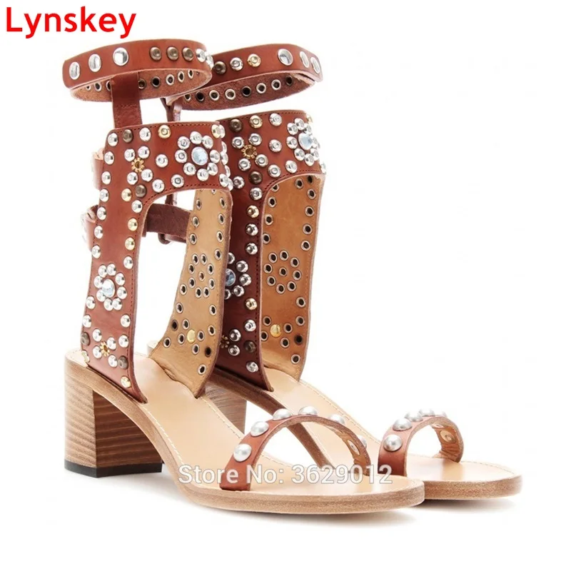 

Lynskey Lady open Toe Buckle Strap Gladiator Sandals Stud Rivets Chunky Heel Women Pumps Rhinestone Sandals High heels Woman