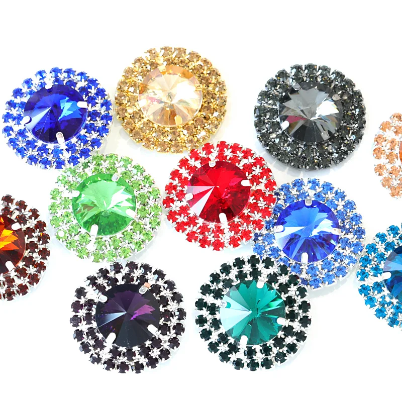 

31mm Multi Colors High-Quality Round Sew-On Rhinestones Appliques Silver Bottom Crystal Sew On Rhinestones For Garment B3610