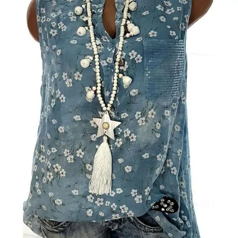 

Large size Women's Blouse 2019 new printed blouse chiffon beads temperament sleeveless women's shirt