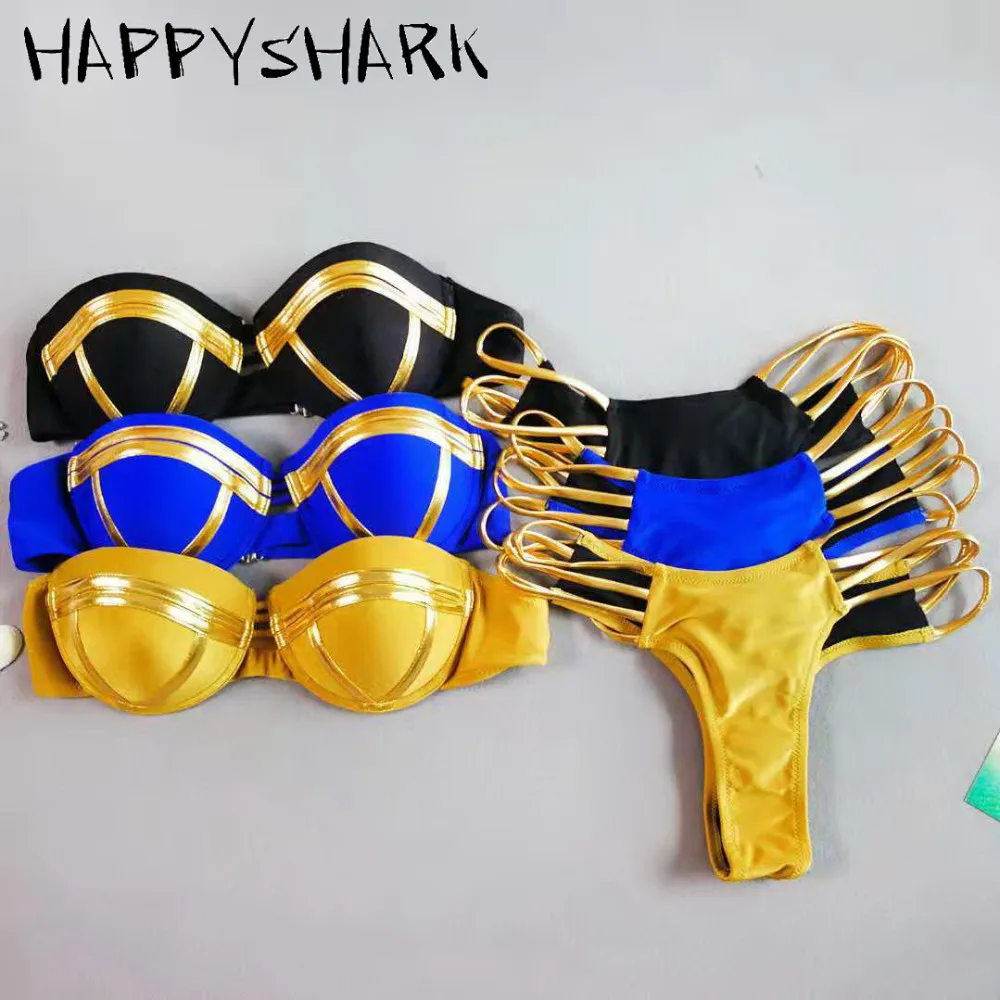

HAPPYSHARK 2019 New Shiny Bandeau Bikinis Set Women Padded Brazilian Biquinis Thong Bikini Push 2 Pcs Swimwear Maillot De Bain