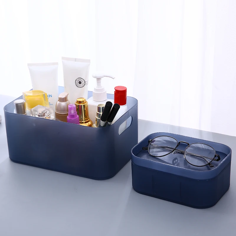 2PCs Large Dust-proof Office Storage Box With Lid Blue Key Pen Makeup Cosmetic Lipstick Sundries Container Articles Organizer
