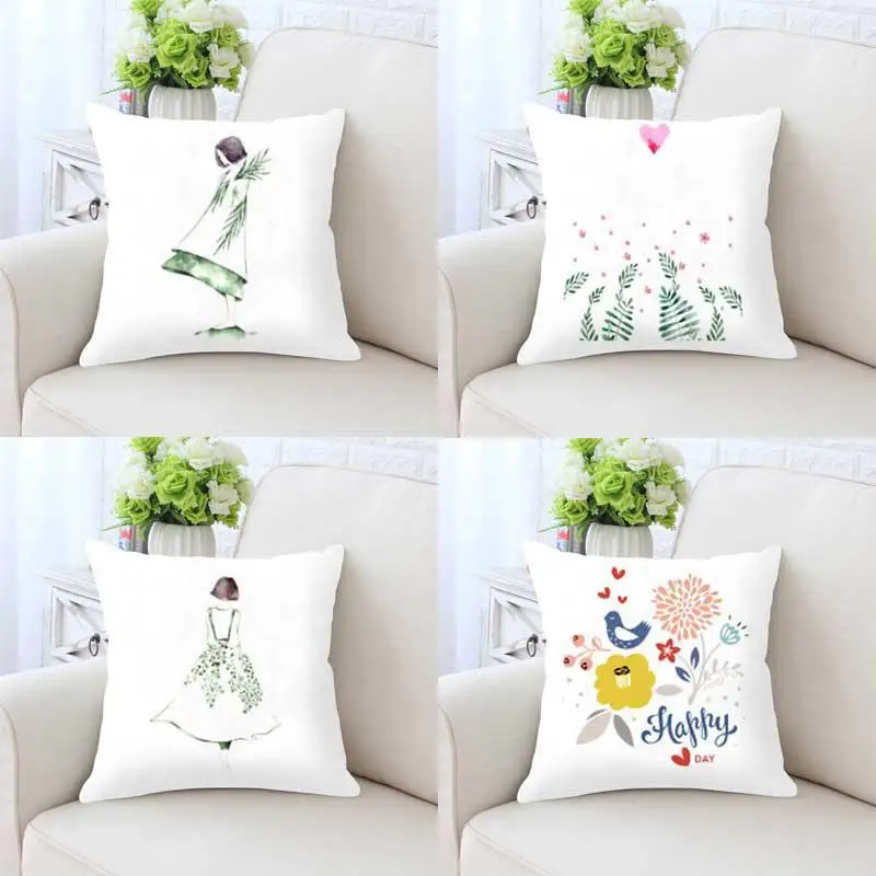

Drop Ship Girl Cushion Green Leaves Dress Flower Bird Love Bear Frog Camper Decor Pillow For Sofa Chair Decorative Sofa Pillow