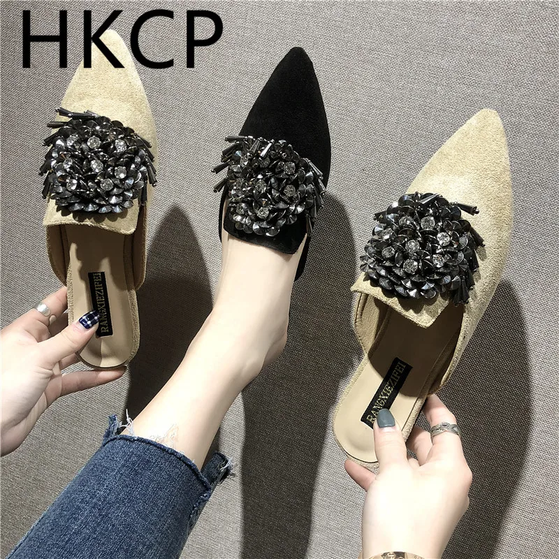 

HKCP Fashion 2019 summer flip-flops ladies fashion all-in-one rhinestone sequined leisure wrap half slipper C481