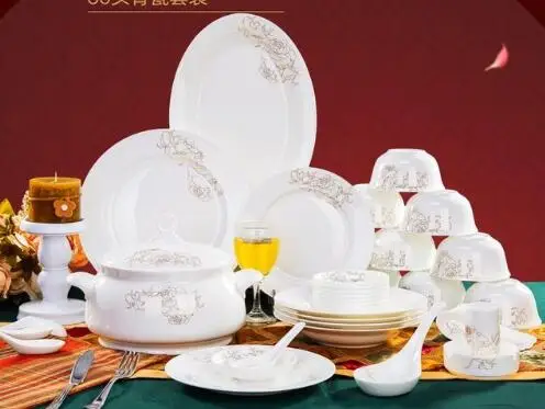 Цзиндэчжэнь 56 голова бытовой керамической посуды Фарфоровая Посуда Чаша Блюдо для женитьбы Цяо Qianli - Цвет: Зеленый