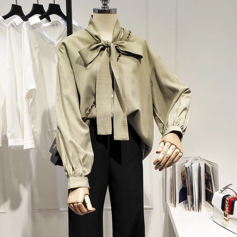 

bow chiffon women blouse and shirts 2019 summer new green lantern sleeved office lady elegant shirts tops
