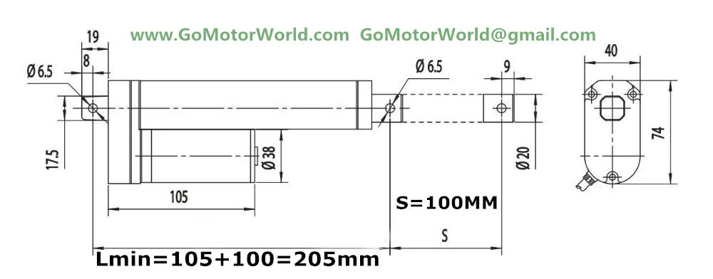 free shipping 12V 100mm=6inch stroke 1500N=150KG=330LBS load 5mm per sec=0.24inch per sec speed electric mini linear actuator drawing.jpg