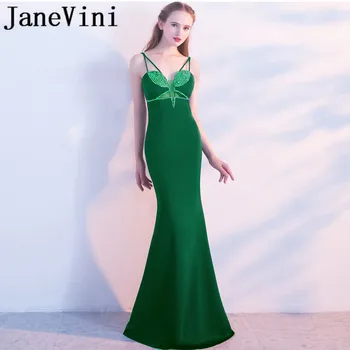 

JaneVini Vestidos Sexy Mermaid Beads Mother of the Bride Dresses Satin Spaghetti Straps Backless Green Evening Gowns Jurken Lang