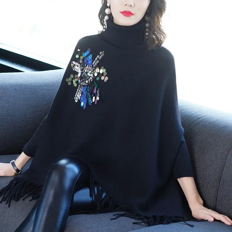

2019 Autumn Winter Long-sleeved Large Size High Collar Beaded Sequin Sweater Pullovers Cloak Tassel Bat Shirt for Women X230