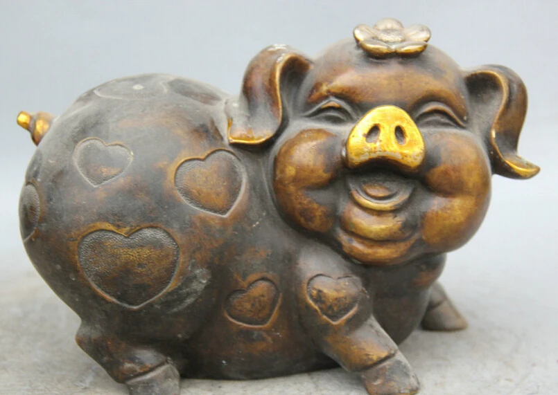 

USPS to USA S2082 8" Chinese Bronze Gild Animal Zodiac Year Auspicious Pig flower Statue sculpture B0401