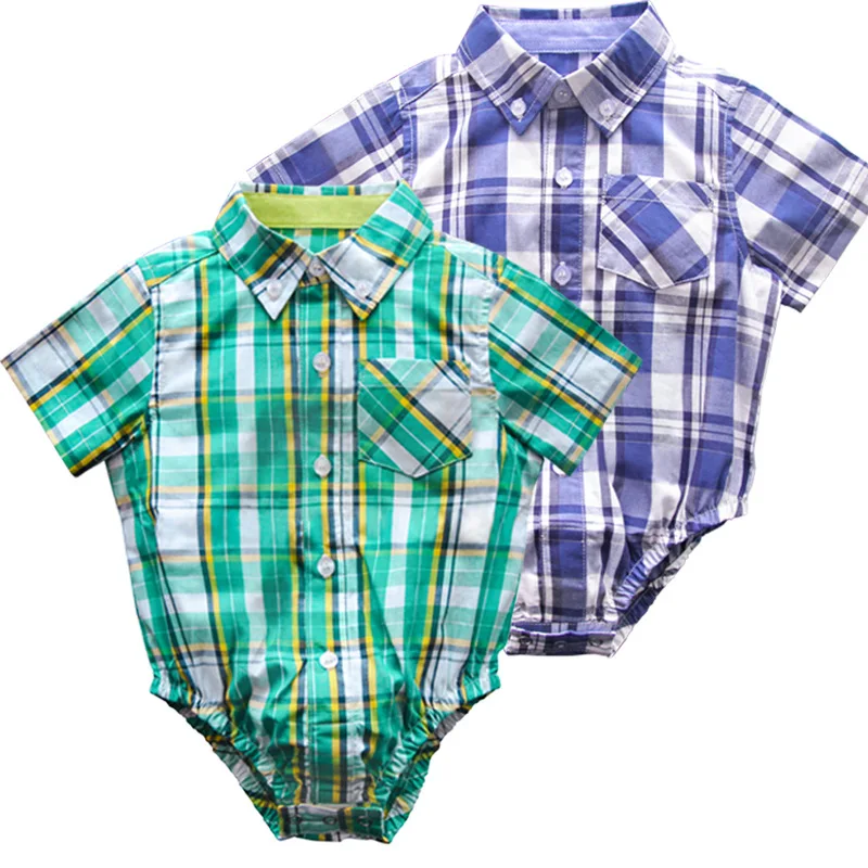2020Baby BoyBodysuit Newborn Baby Plaid Button up Short Sleeve Shirt