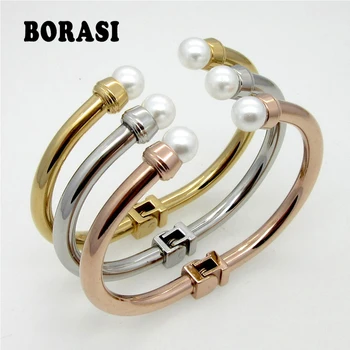 

New Hot Fashion Brand Women Pearl Bracelets Titanium Steel Cuff Bangles IPG Gold Color Bracelet Lady The Best Gift Of Love