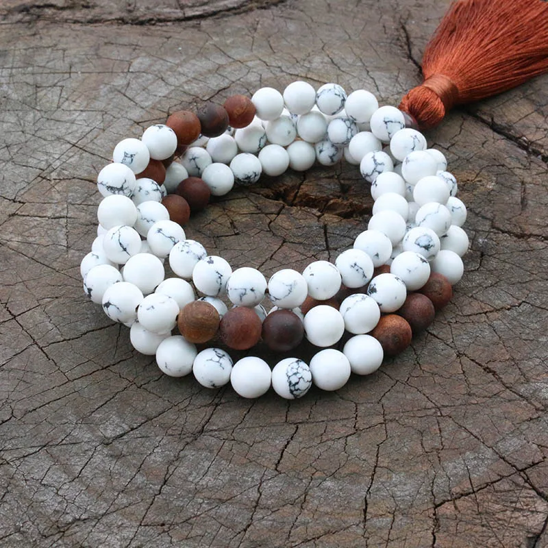 8mm Howlite, Antique Onyx, JapaMala Necklace, Namaste Yoga Jewelry, Chakra Stones Mala,Buddhist Mala Prayer Bead, 108 Mala Beads