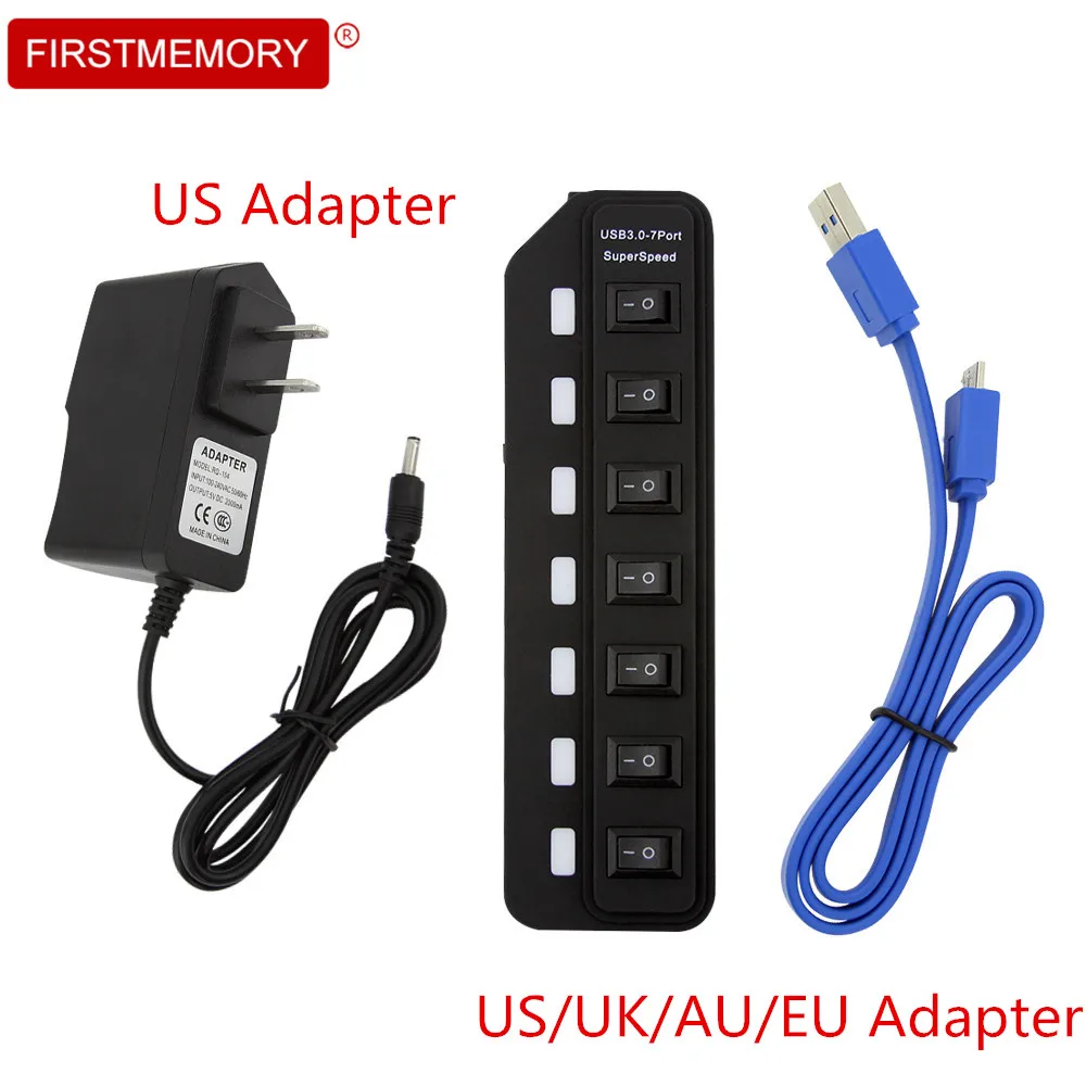 

Micro 7-Port USB Hub 3.0 high Speed 5Gbps USB Splitter with AU/EU/UK/US Power Adapter On/Off Switch Computer Cable for PC Laptop