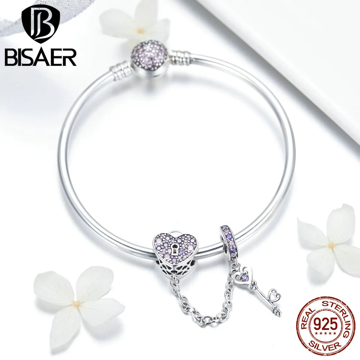 Günstige BISAER Echt 925 Sterling Silber Liebe Herz Und Herz Schlüssel Rosa CZ Armbänder Armreifen für Frauen Sterling Silber Schmuck ECB820