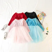 WLG/платья для девочек детское весенне-осеннее платье в стиле пэчворк с сетчатыми вставками детские розовые, темно-синие, красные, черные платья детская одежда