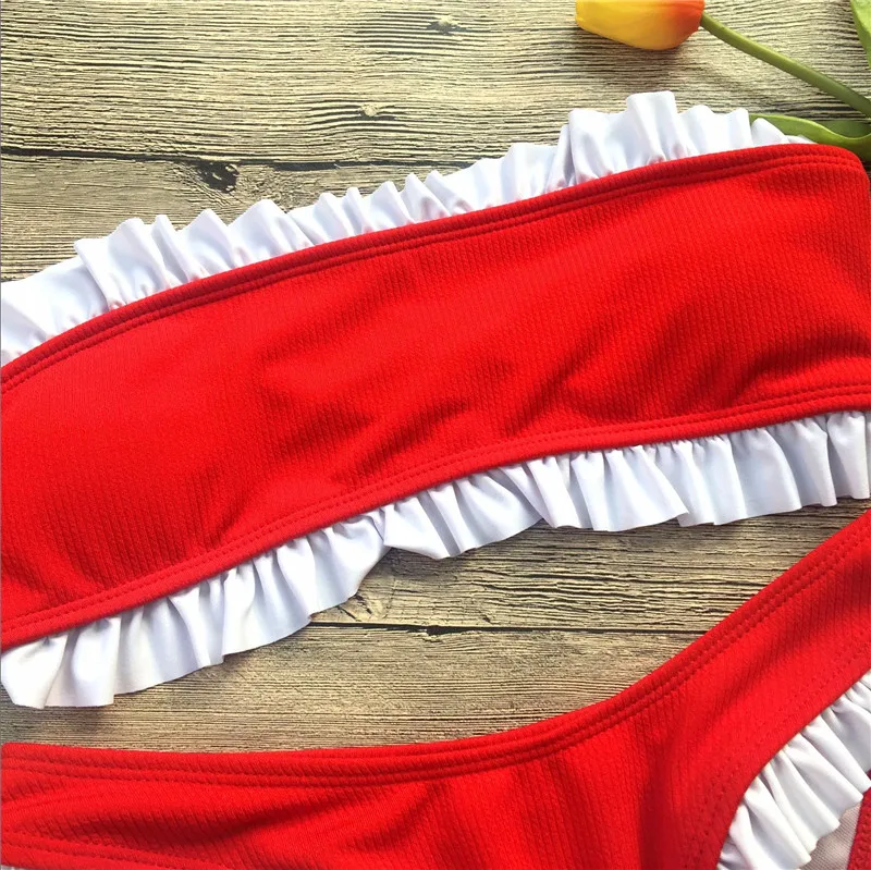 New Women Bikini Ruffled Ribbed High Cut Bandeau Bikini Set Women Swimwear (10)