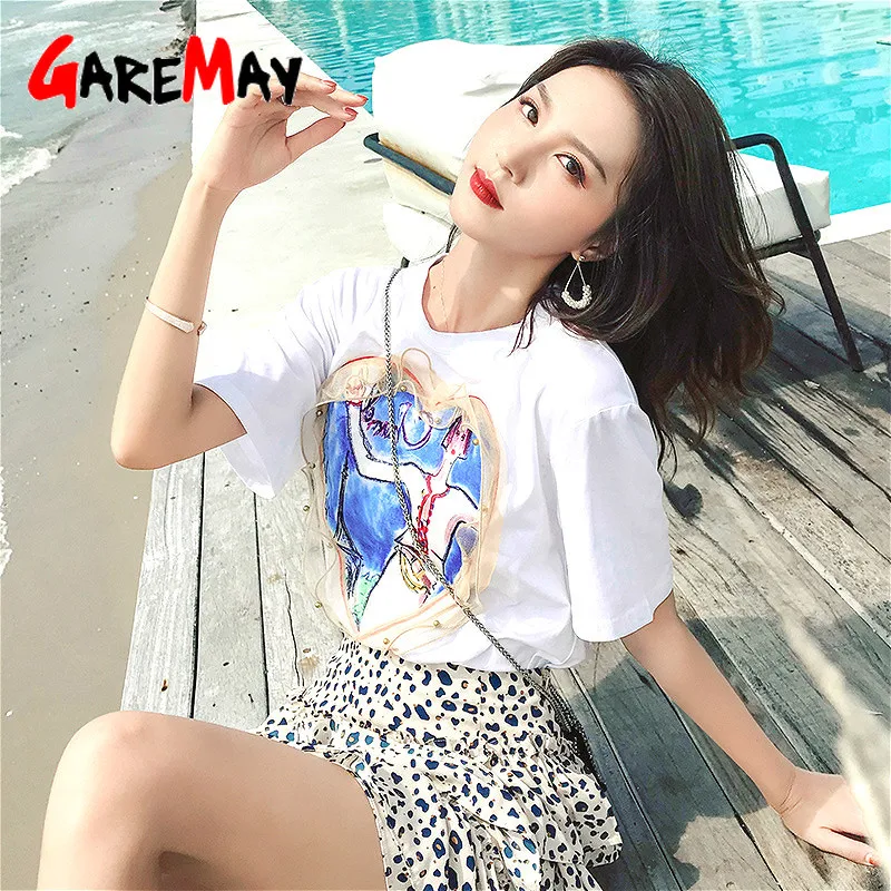 Женские футболки в Корейском стиле Garemay белые хлопковые с коротким рукавом и