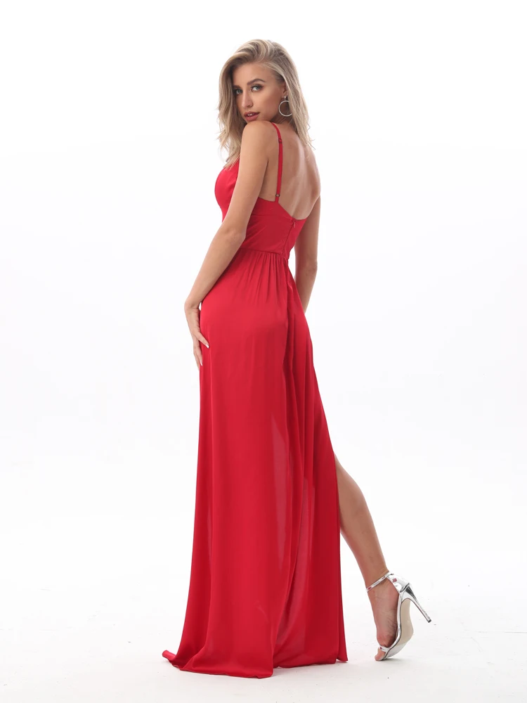 Атлас платье атласное V-образный вырез длинное платье без спинки Щелевая длина пола красный темно-синийсиний платье летнее женское платье для вечеринки платье для вечеринки