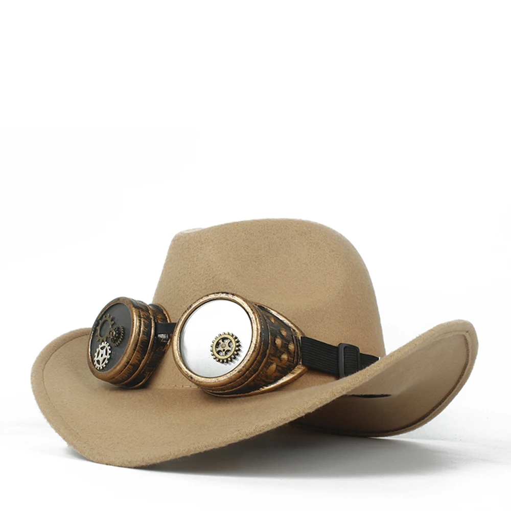 Ковбойская шляпа в стиле стимпанк для женщин и мужчин, шерстяная, с вырезами, в западном стиле, черная, Sombrero Hombre, джазовая Кепка, размер 56-58 - Цвет: Khaki