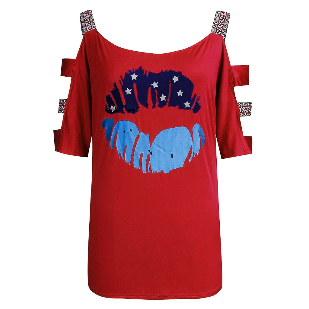 Женская футболка размера плюс, повседневные Летние футболки с принтом флага, топы с открытыми плечами и рукавами-стропами, женская футболка, camisetas verano mujer