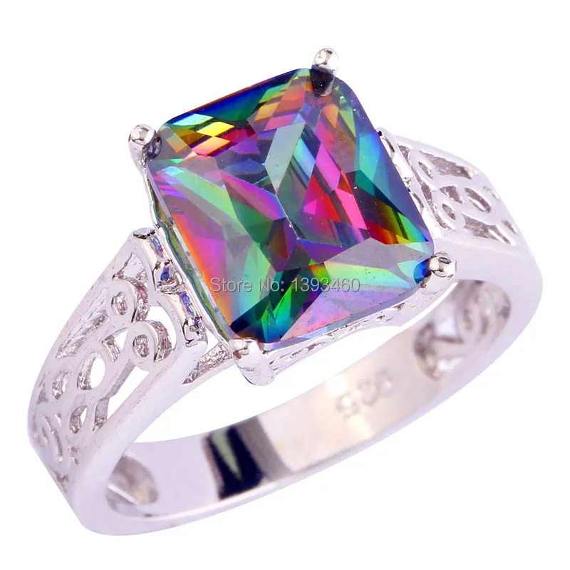 SKCUTE Engagement Multi Color Rainbow Topaz 925 Silver Ring Jewelry