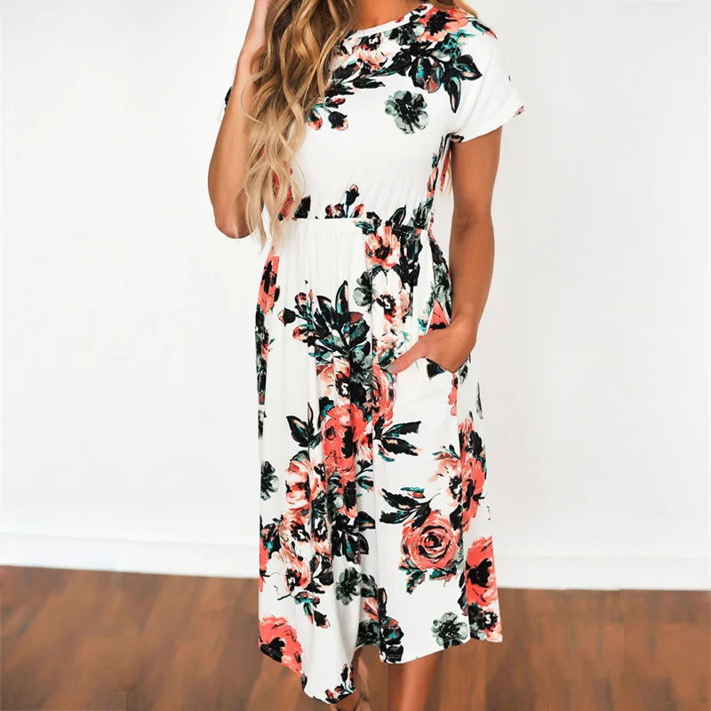 Women's Loose Boho Dress Crew Neck Floral Print A-line Women Dress Short Sleeve Pockets Casual Summer Dress 2018 Plus Size Dresses