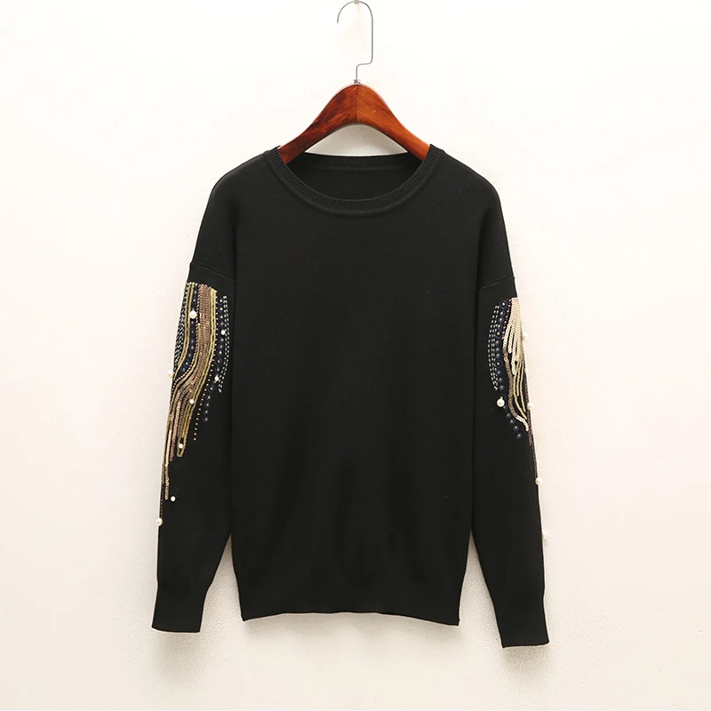 

Embroidery Beads Pearl Sequined Women Sweater O Neck Long Sleeve Plus Size 3XL Knitted Ladies Pullover 2019 Fall Clothes Female