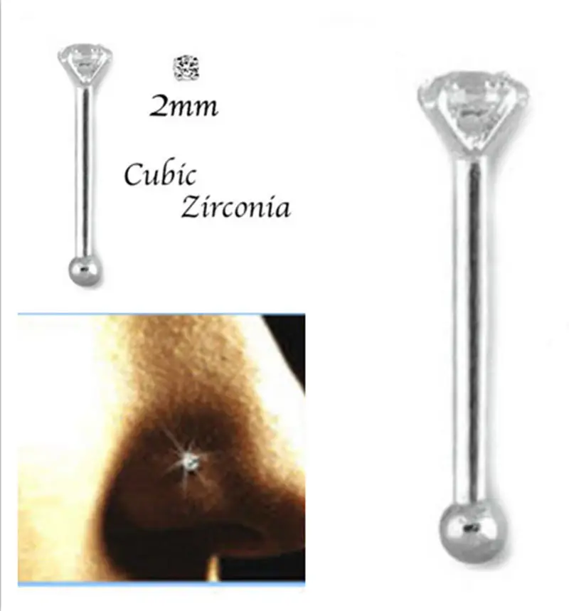 

50pcs/lot Free Shipping CZ Gem Nose Rings 20GX7MMX2MM Nostril Ring Screw Studs New Body Piercing Jewelry Surgical Steel